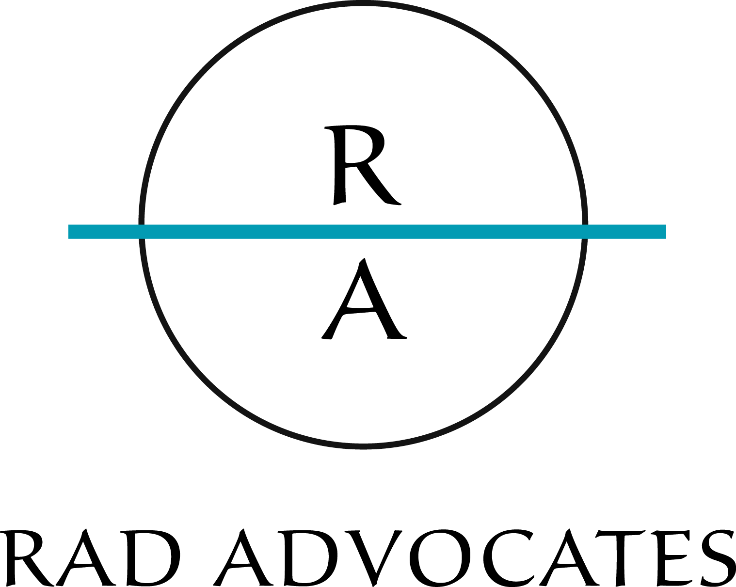The RAD Advocates logo mark — a thin circle crossed by a horizontal teal bar.