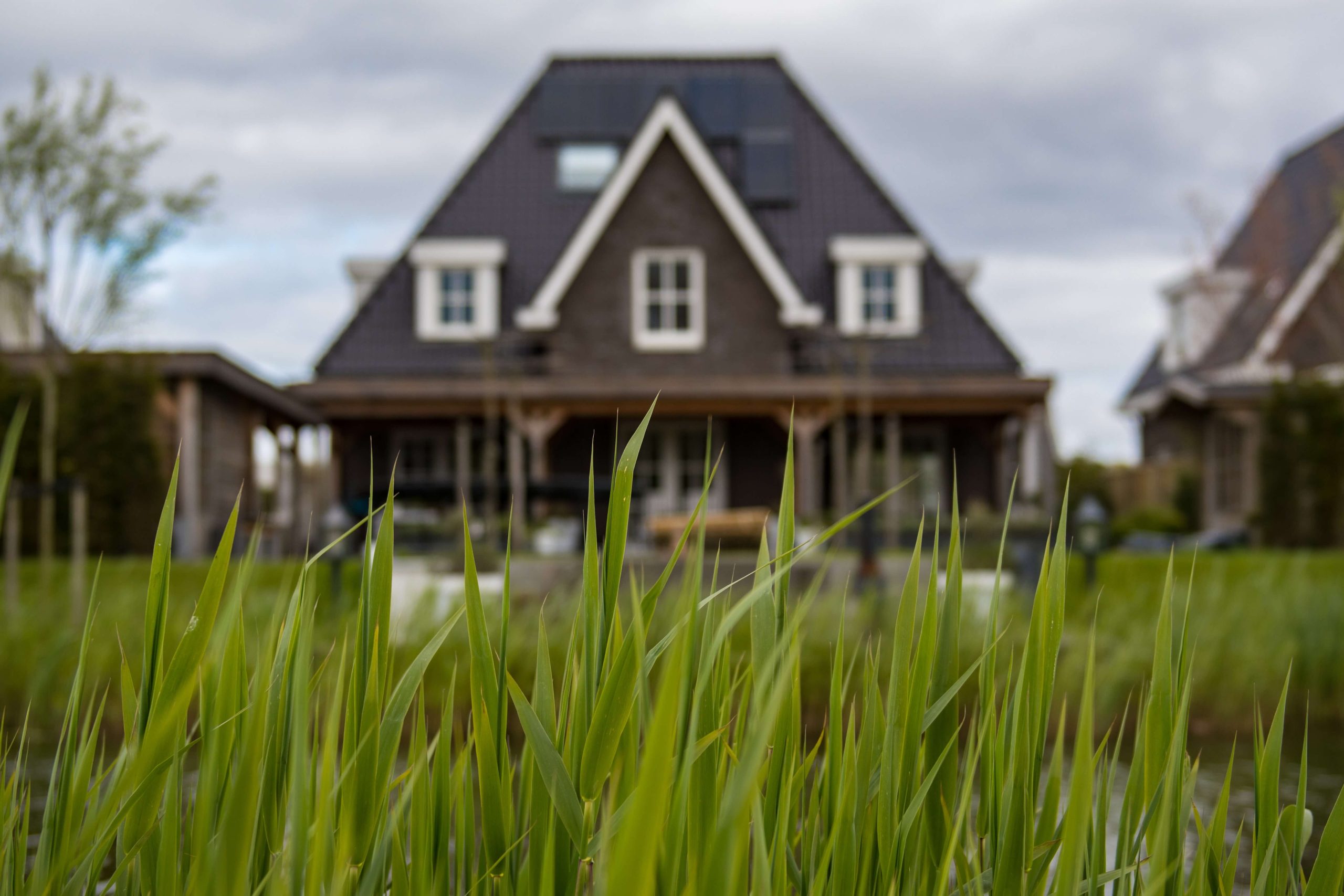 A large house with a steep gabled roof, seen across a foreground of tall green grass.