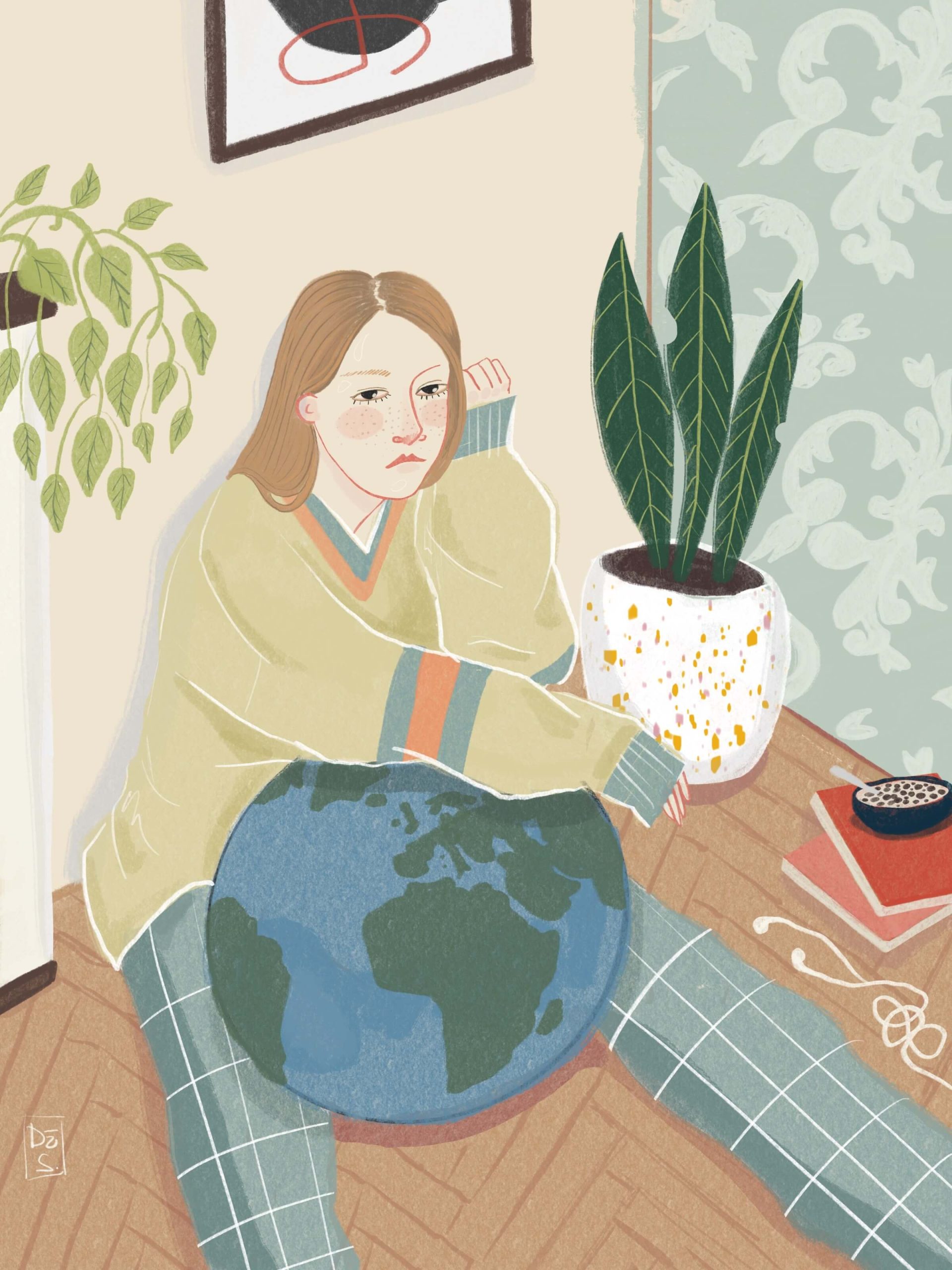 An illustration of a woman sitting on the floor of a plant-filled room, cradling a globe in her lap.