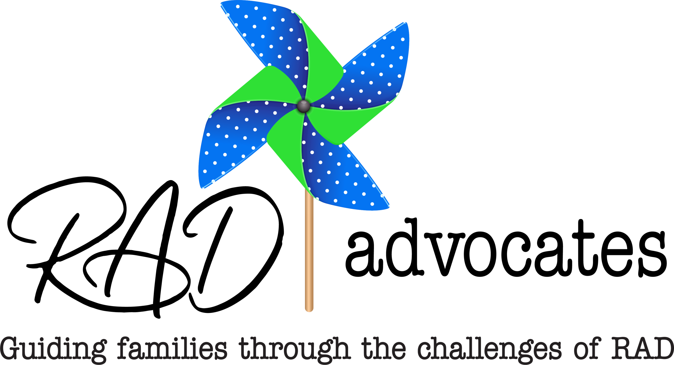 The RAD Advocates pinwheel logo in blue and green, with the line "Guiding families through the challenges of RAD".