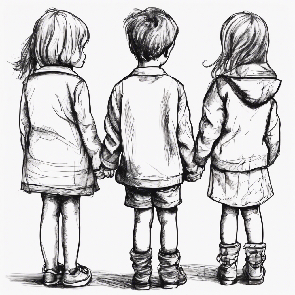 A pencil sketch of three children seen from behind, holding hands.