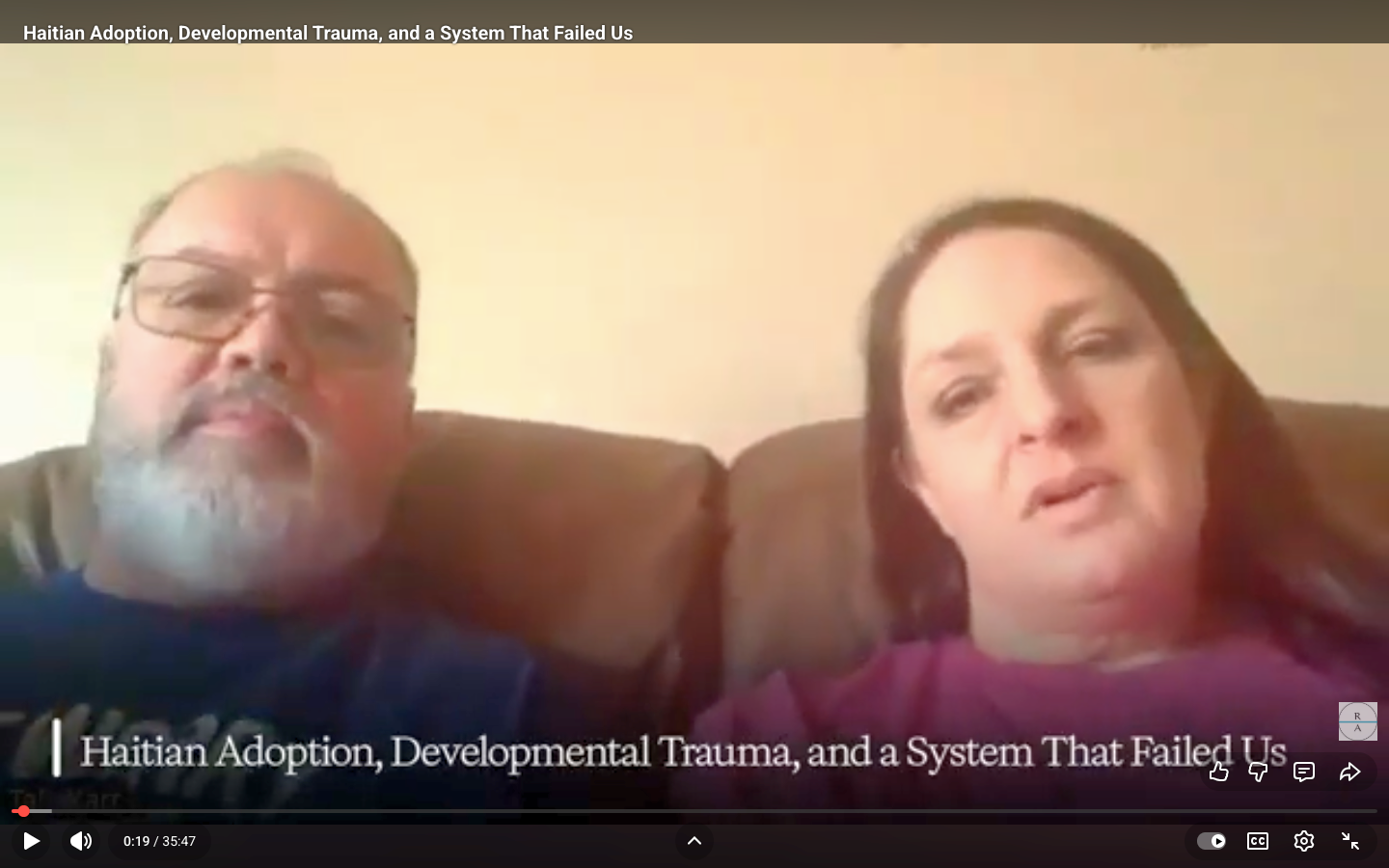 YouTube interview screenshot of Samuel and Samantha sharing their adoption and reactive attachment disorder story