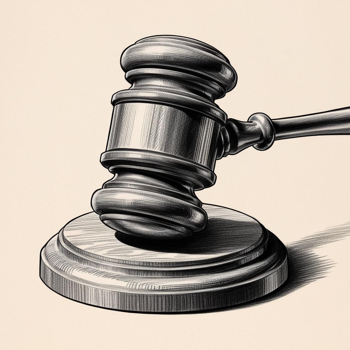 A pencil illustration of a judge's gavel resting on its block.
