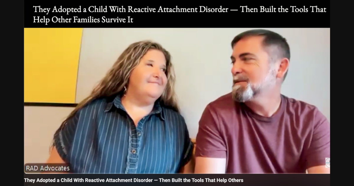 Video interview screenshot of Keri Williams discussing tantrums vs. rages in reactive attachment disorder and why accurate language helps families get support.
