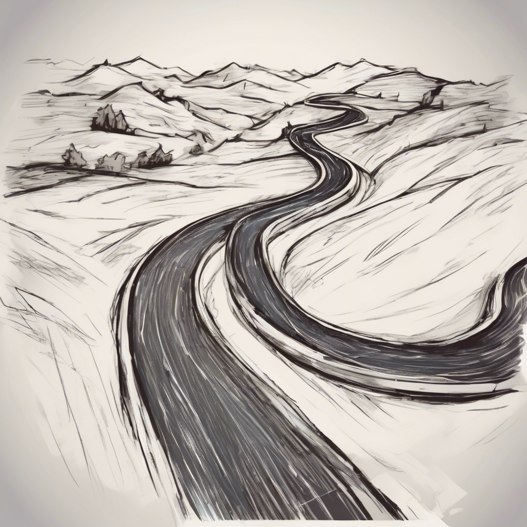 A pencil drawing of a winding road cutting through open hills.