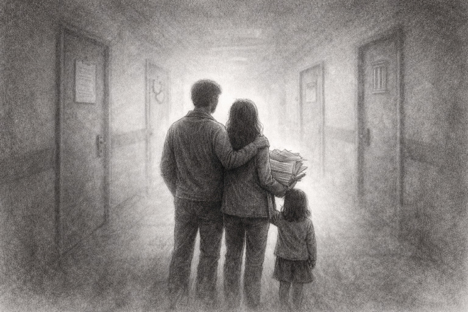 Black-and-white pencil illustration of a family standing in a dim hallway of closed doors, holding paperwork, suggesting barriers in systems supporting early trauma and reactive attachment disorder.