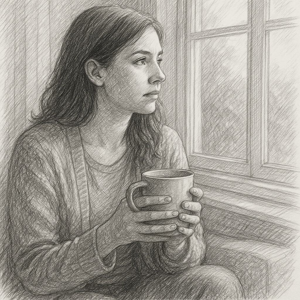 Black-and-white pencil sketch of a woman sitting at a kitchen table with coffee, sunlight streaming through the window, symbolizing reflection and hope in a story about how choosing safety through out-of-home placement can bring peace and stability to families affected by reactive attachment disorder.