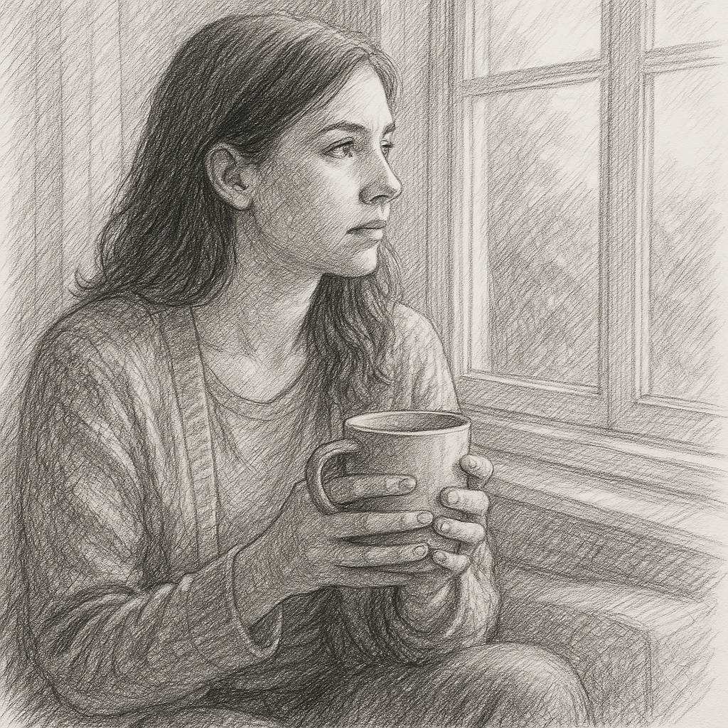 Black-and-white pencil sketch of a woman sitting at a kitchen table with coffee, sunlight streaming through the window, symbolizing reflection and hope in a story about how choosing safety through out-of-home placement can bring peace and stability to families affected by reactive attachment disorder.