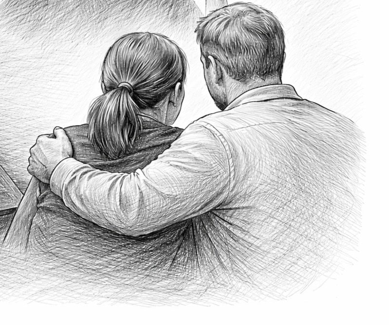 Black-and-white pencil illustration of two adoptive parents seen from behind, a man's arm around a woman's shoulders, conveying the quiet exhaustion and solidarity of years spent parenting a child with reactive attachment disorder.