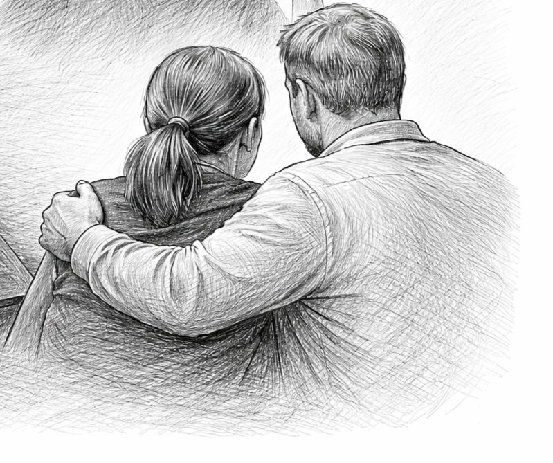 Black-and-white pencil illustration of two adoptive parents seen from behind, a man's arm around a woman's shoulders, conveying the quiet exhaustion and solidarity of years spent parenting a child with reactive attachment disorder.