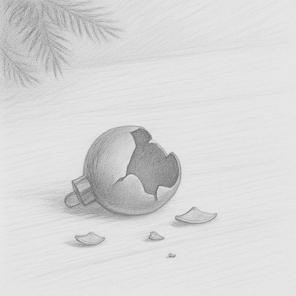 Black and white pencil sketch of a broken Christmas ornament under a pine branch, symbolizing the challenges of holidays with reactive attachment disorder and developmental trauma.