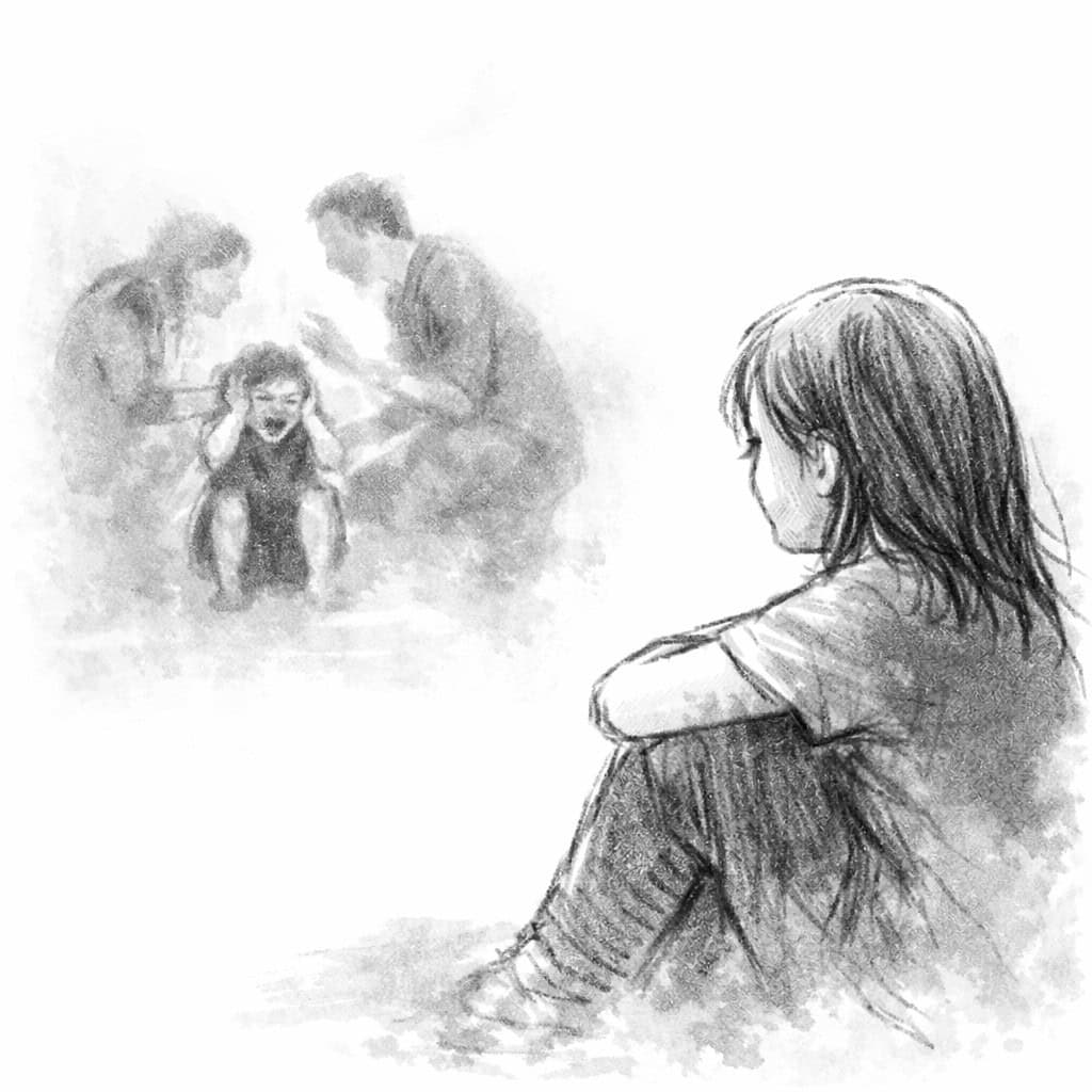 An abstract black-and-white illustration symbolizing the unseen emotional impact on siblings in families affected by reactive attachment disorder.