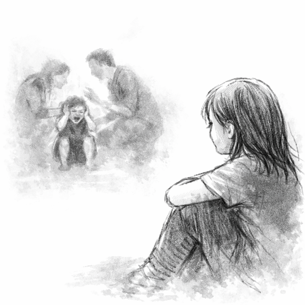 An abstract black-and-white illustration symbolizing the unseen emotional impact on siblings in families affected by reactive attachment disorder.