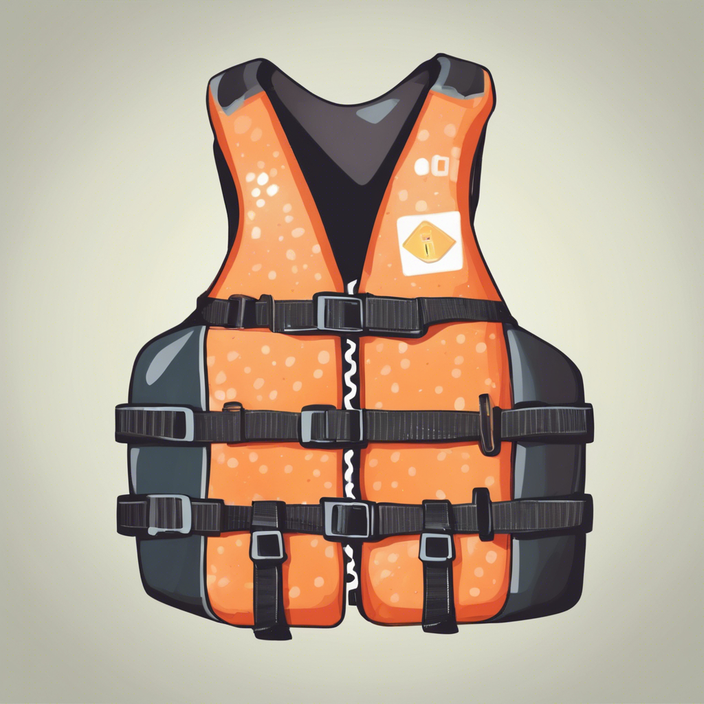 An illustration of an orange and grey buoyancy aid with black straps and buckles.