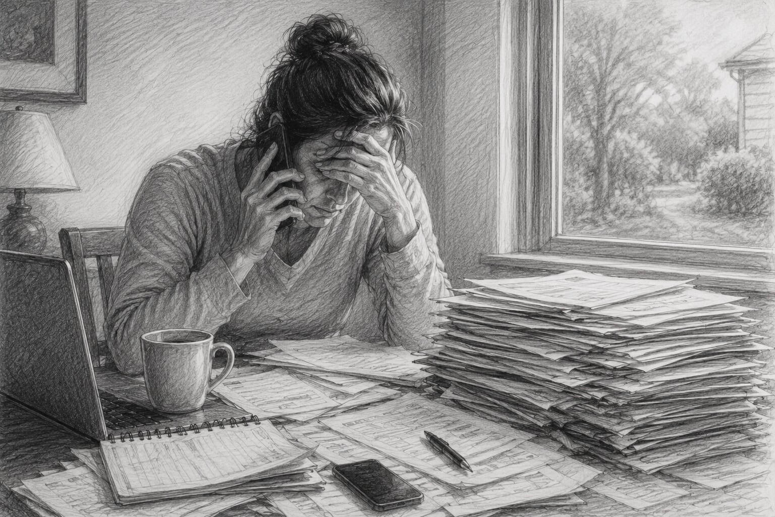 Mother buried in paperwork, one piece of the 112-hour week most people never see when parenting a child with RAD