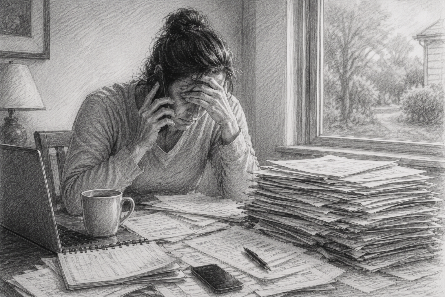 Mother buried in paperwork, one piece of the 112-hour week most people never see when parenting a child with RAD